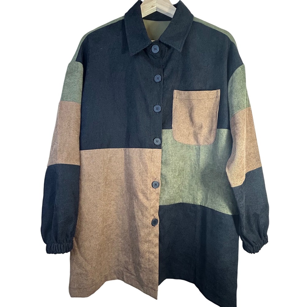SHEIN Colorblock Corduroy Button Down Shacket Shirt Dress Jacket